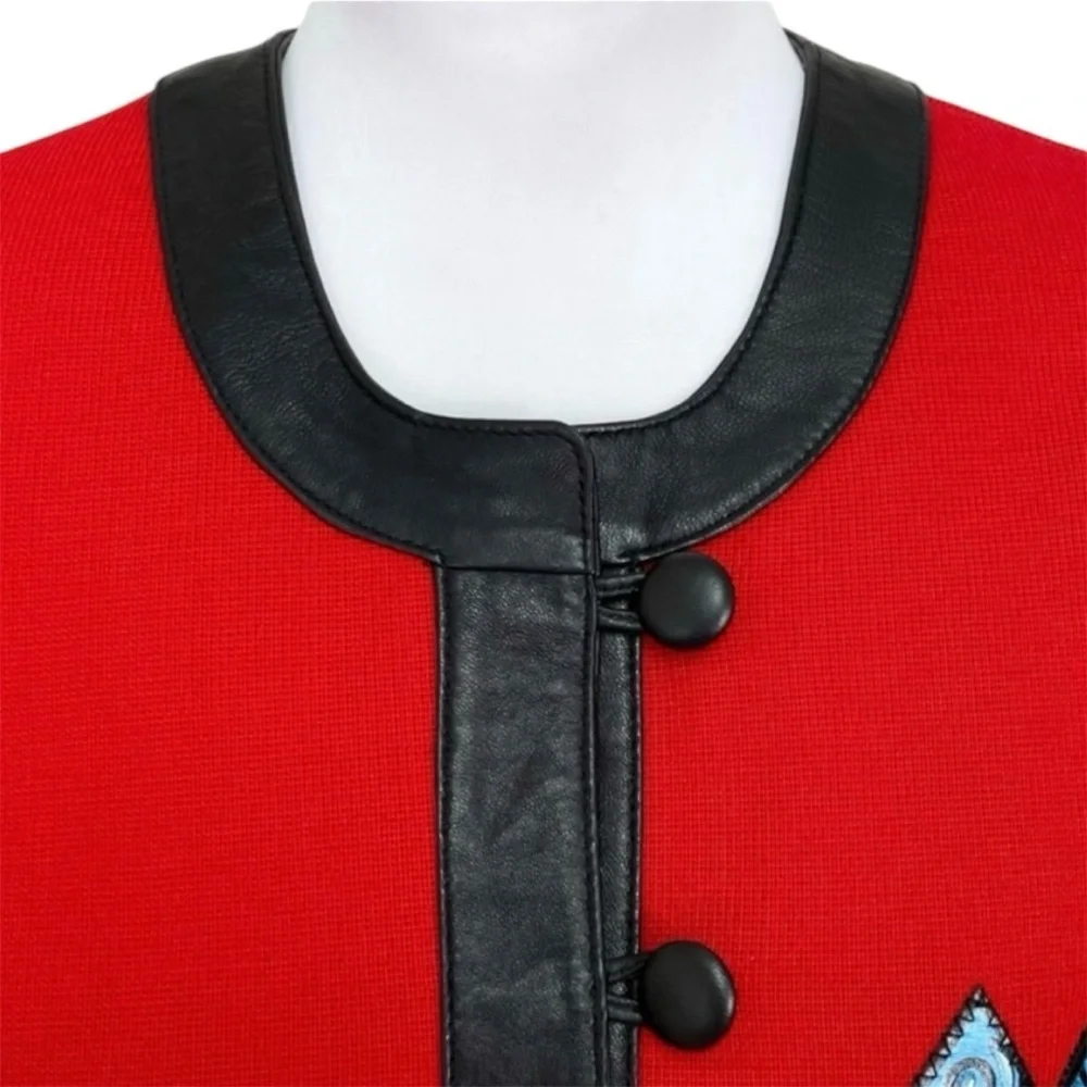 Pikamo Vintage 90s Statement Jacket Art To Wear Leather Trim Wool Blend Red XL - Picture 3 of 8